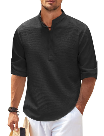 Herren Hemd Relaxed Fit Stehkragen Rippoptik