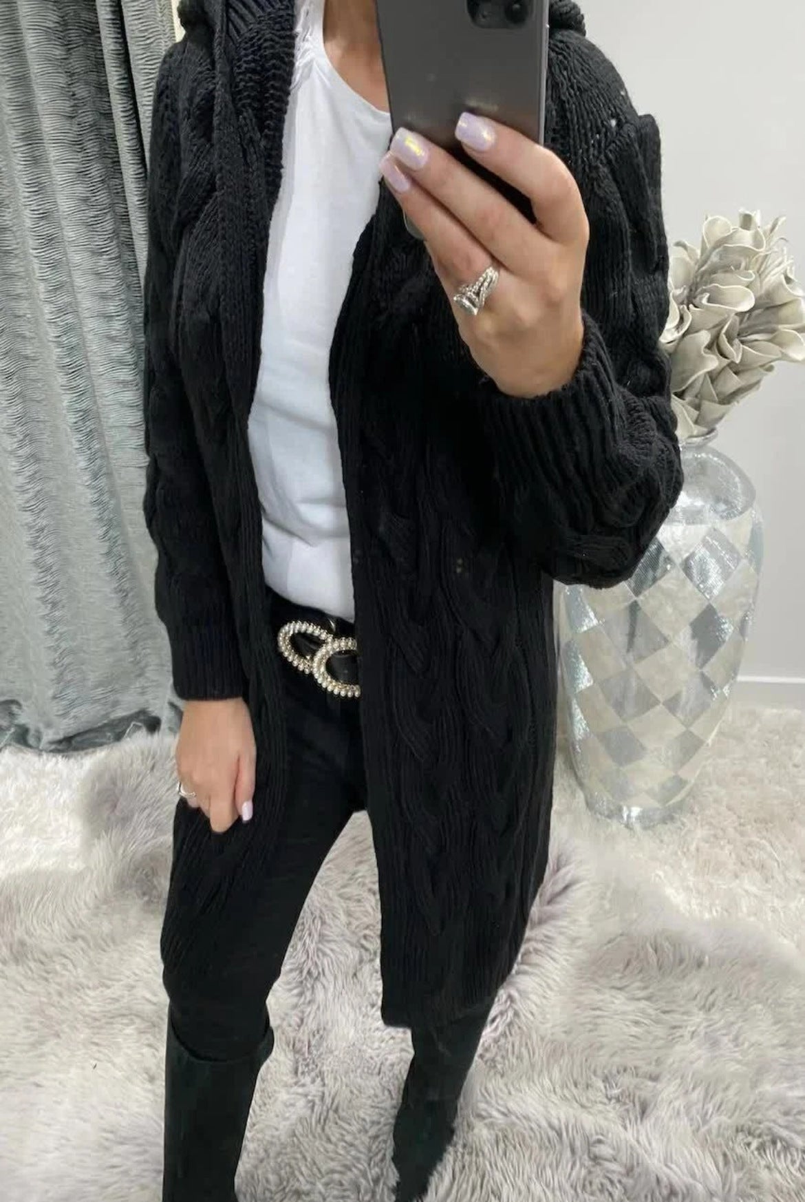 Damen Strickjacke Lang Zopfmuster Elegantes Design