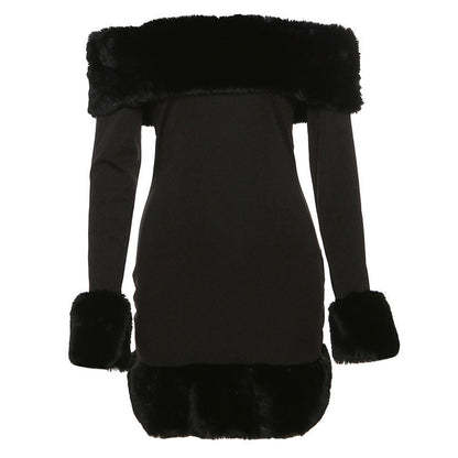Damen Winterkleid Langarm Kuschelpelz Kragen