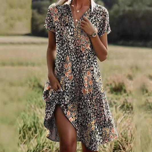 Damen Sommerkleid Blumenmuster Locker Geschnitten - IdealeKleiden
