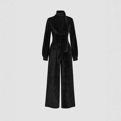 Damen Samt-Jumpsuit Elegant Schick Kragen Weite Bein - IdealeKleiden