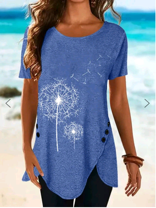 Damen Top Kurzarm Asymmetrisch Dandelion Print