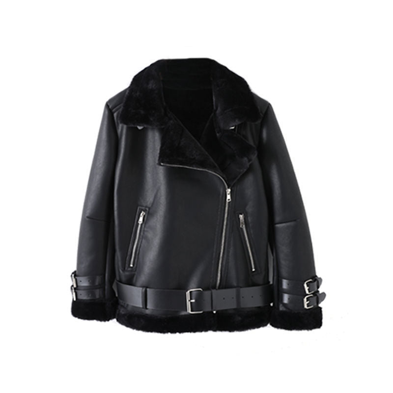 Lederjacke Damen Elegant Fellkragen Verstellbar
