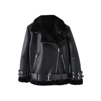 Lederjacke Damen Elegant Fellkragen Verstellbar