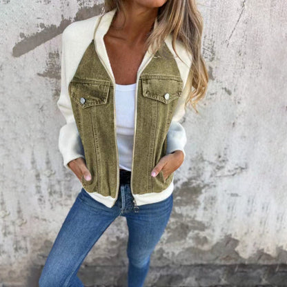 Damen Sweaterjacke Denim Style Fleece Ärmel