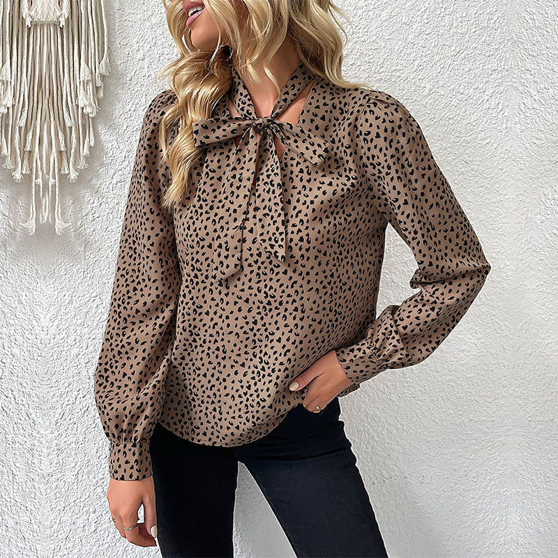 Damen Bluse Leoparden Muster Schleifen Detail
