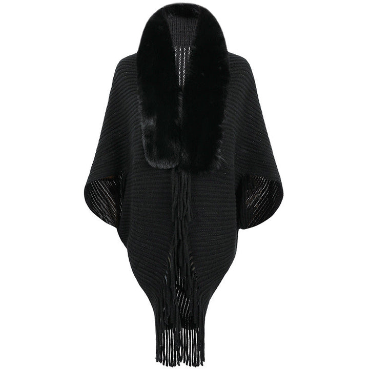 Damen Poncho Luxus Strick mit Kunstfellkragen und Fransen
