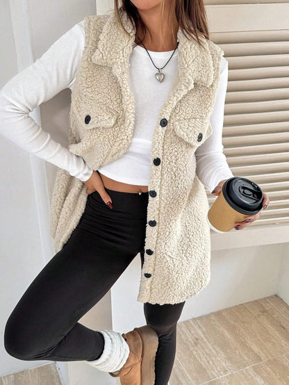 Damen Teddyweste Weich Plüsch mit Taschen