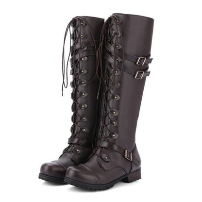 Wasserdichte Stiefel Damen | Kniehohe Lederschuhe mit Rundkopf und Gurt
