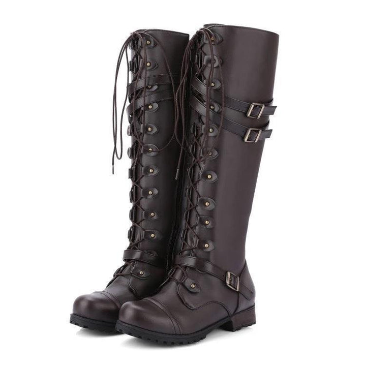 Wasserdichte Stiefel Damen | Kniehohe Lederschuhe mit Rundkopf und Gurt