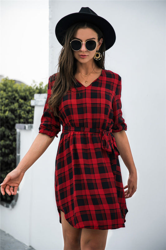 Frauen Karokleid Taillengürtel Modern Chic - IdealeKleiden