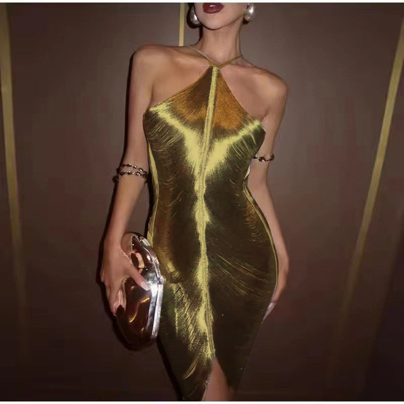 Damen Partykleid Elegant Schlitz Gold Dekolleté