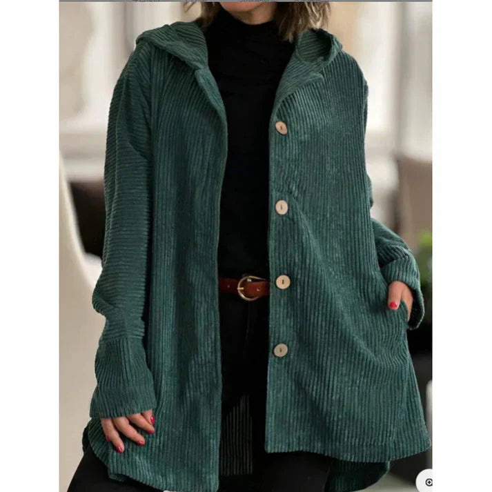 Cordjacke Damen Kapuze Knöpfe Midlength