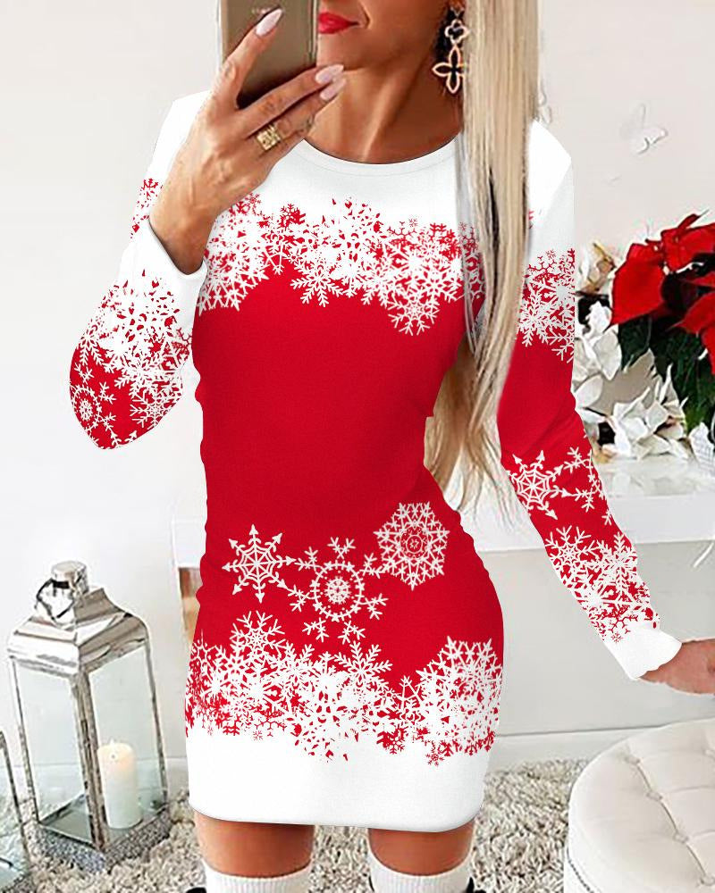 Weihnachtskleid Damen Langarm Schneeflocken Elegant