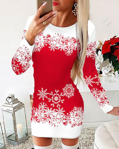 Weihnachtskleid Damen Langarm Schneeflocken Elegant