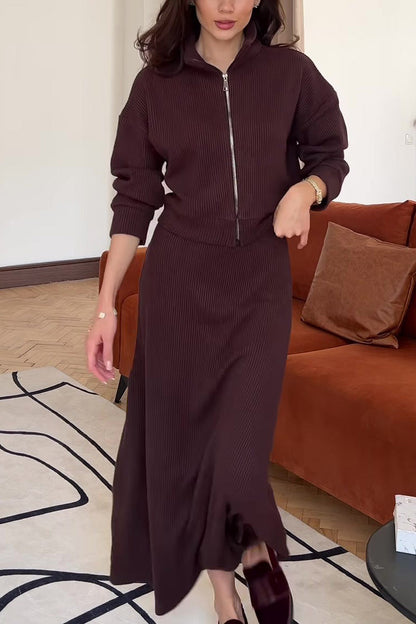 Stricktop mit Reißverschluss und Maxirock Zweiteiler Satz