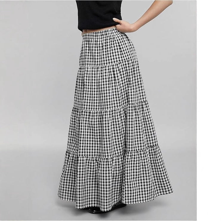 Damen Maxirock Karo Muster Elegant Lang