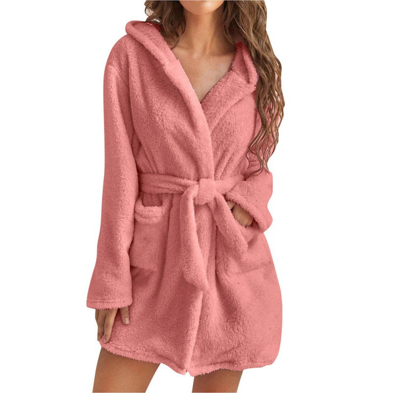 Damen Fleece Bademantel Weich Kapuze