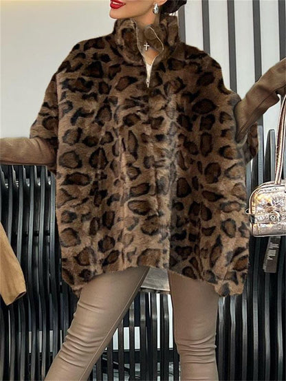 Damen Fleece Poncho Leoparden Look Warm