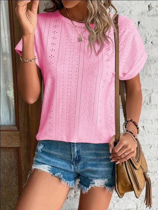 Damen Leichtes Rundhals-T-Shirt mit Lochdesign Sommer
