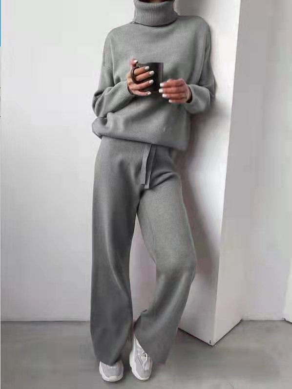 Damen Strickanzug Weite Hose Eleganter Rundhals