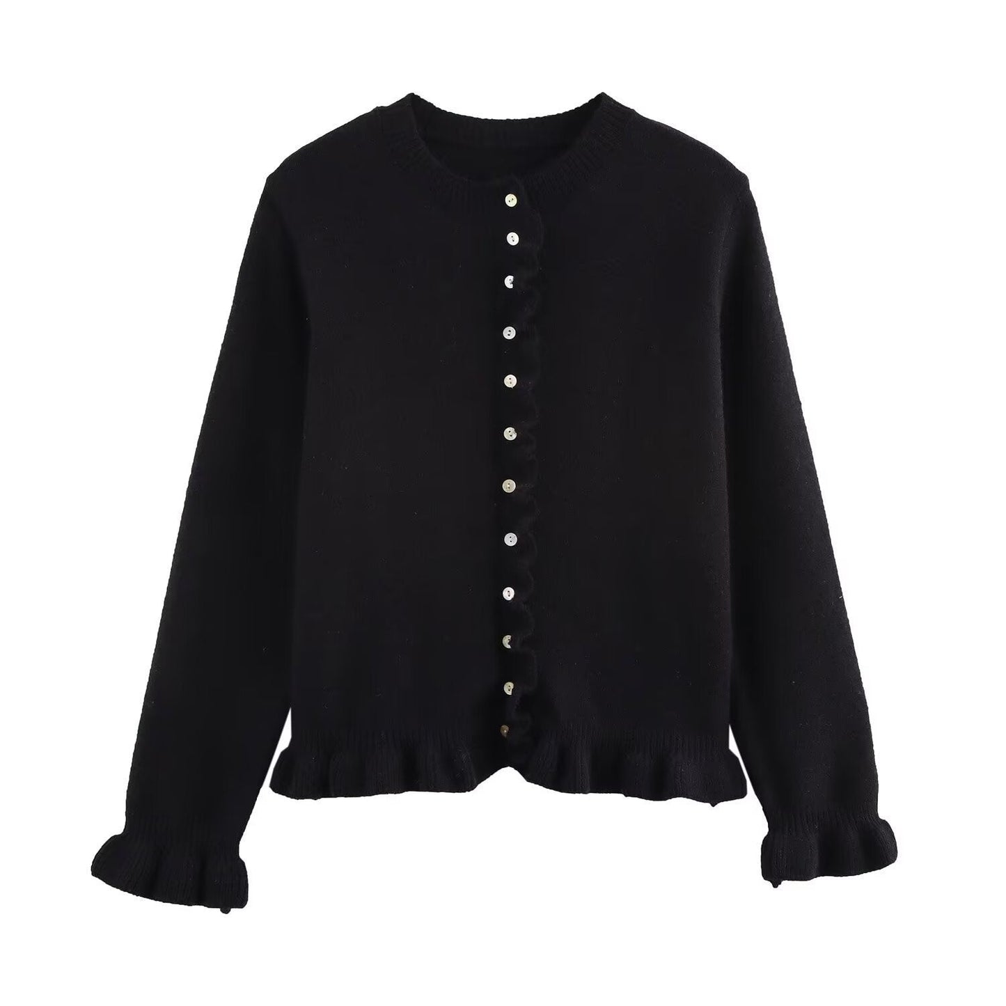 Damen Strickjacke Elegant Rüschensaum Knopfverschluss