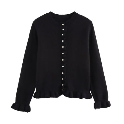 Damen Strickjacke Elegant Rüschensaum Knopfverschluss