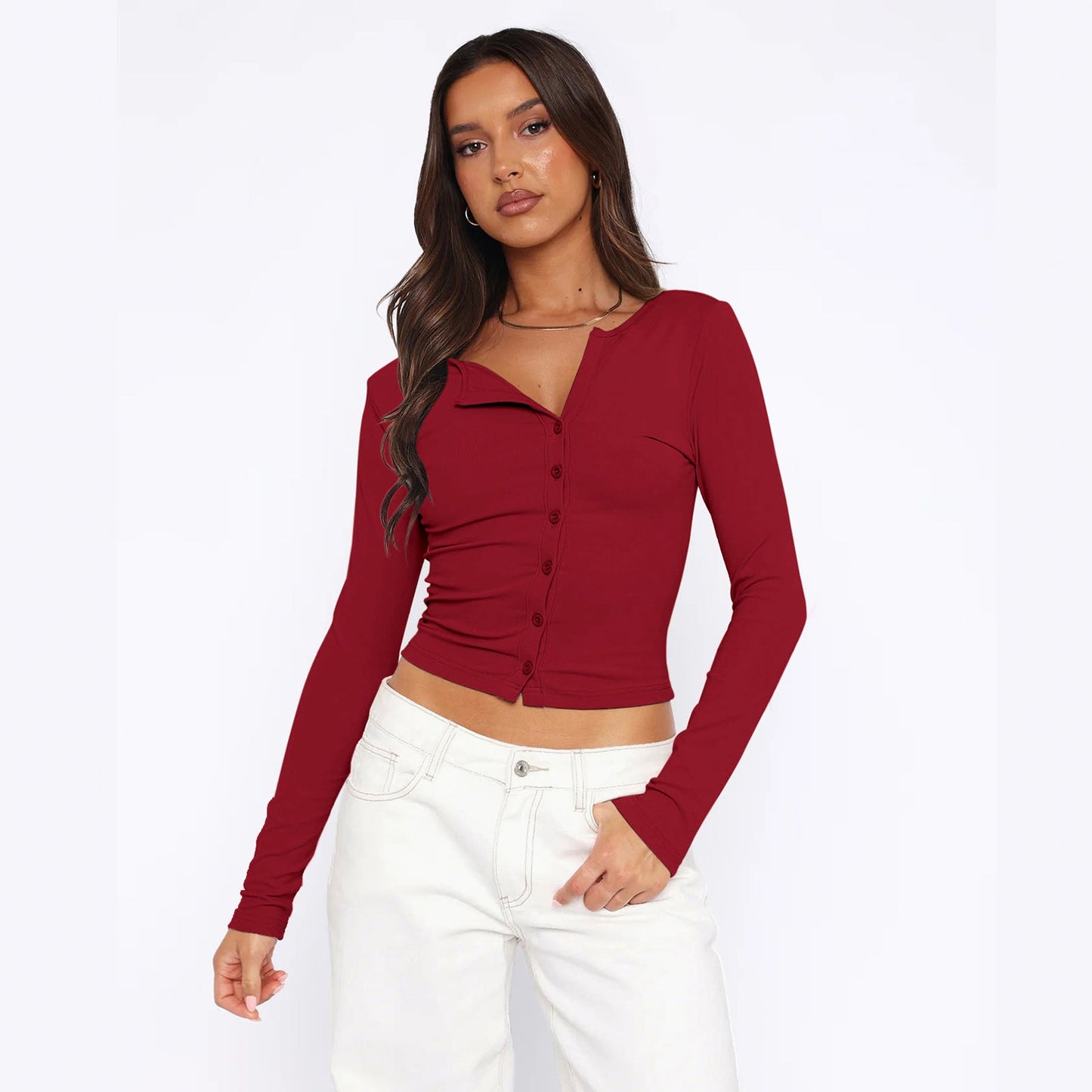 Damen Langarmshirt Figurbetont Elegant Knöpfe