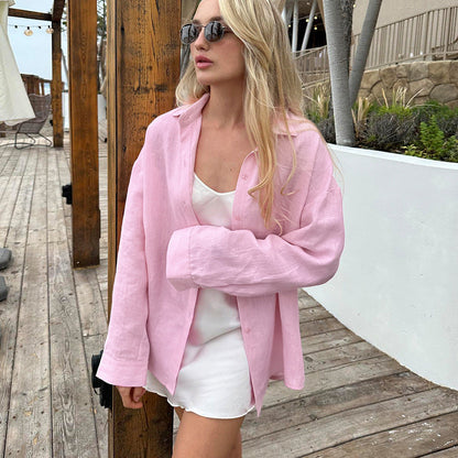 Damen Leinenhemd Lässig Oversized Sommerkleidung