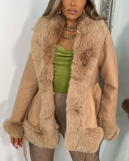 Elegante Lederjacke Pelzkragen Schnürtaille