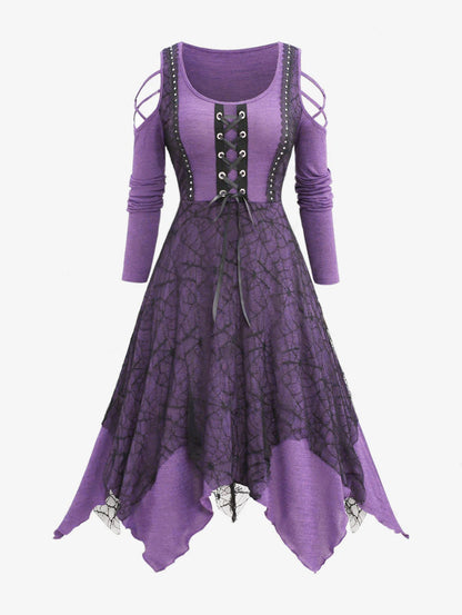 Gothic Maxikleid Damen Spitze Schnürung