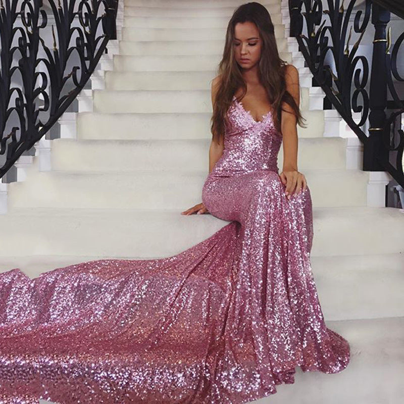 Damen Abendkleid Glitzer Pailletten Elegant Lang - IdealeKleiden