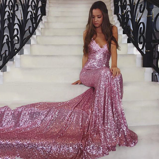 Damen Abendkleid Glitzer Pailletten Elegant Lang - IdealeKleiden