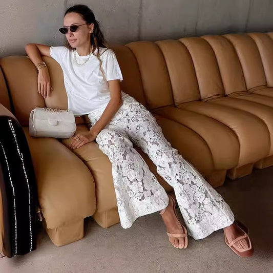 Damen Hose Elegant Spitze Weitbein Blumenmuster - IdealeKleiden