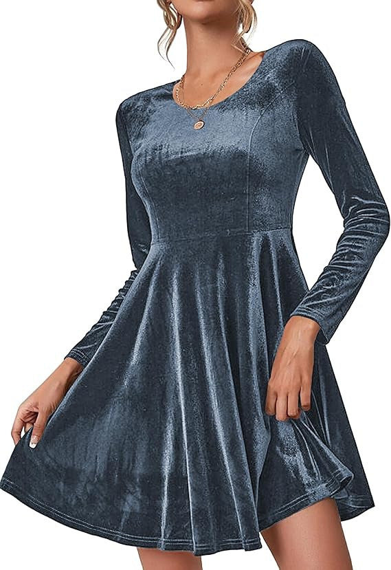 Damen Elegantes A-Linien Kleid Samt Stoff Schwarzes Abendkleid