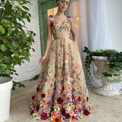 Damen Tüllkleid Blumenmuster mit Taillengürtel Elegant A-Linie - IdealeKleiden