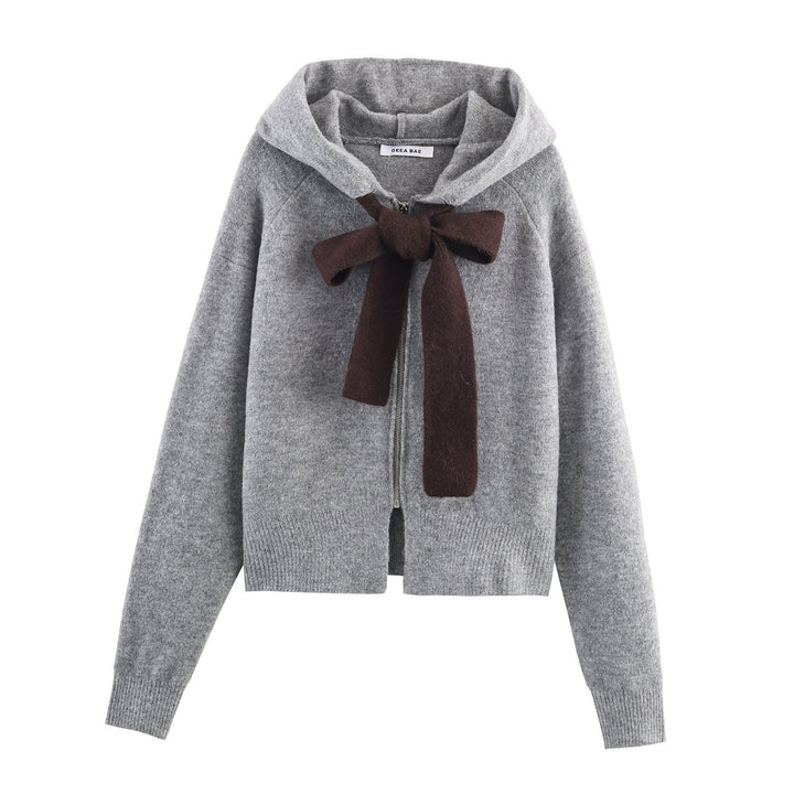 Damen Strickjacke Kapuze Schleifenverschluss Elegantes Design