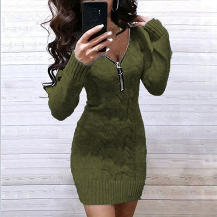 Damen Strickkleid mit Reißverschluss und Zopfmuster