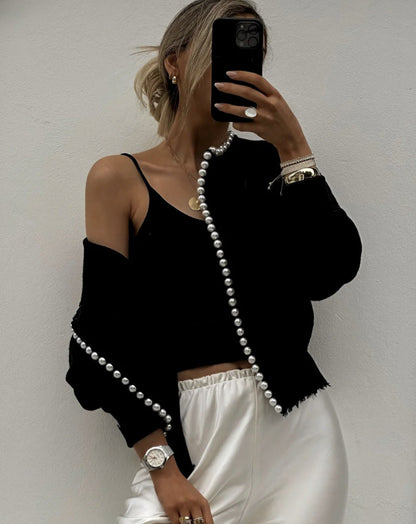 Damen Strickjacke Offen mit Perlenbesatz Elegantes Design