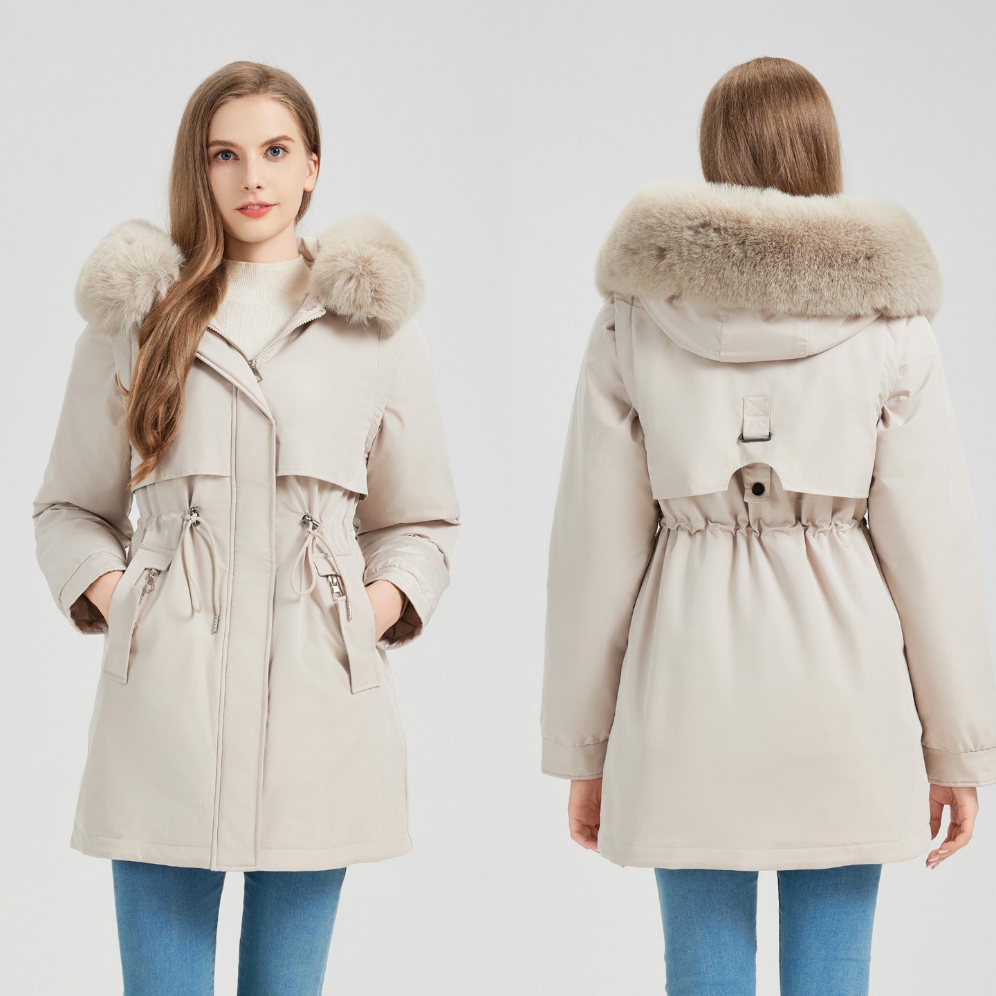 Damen Winterparka Abnehmbarer Fellkragen Slim Fit