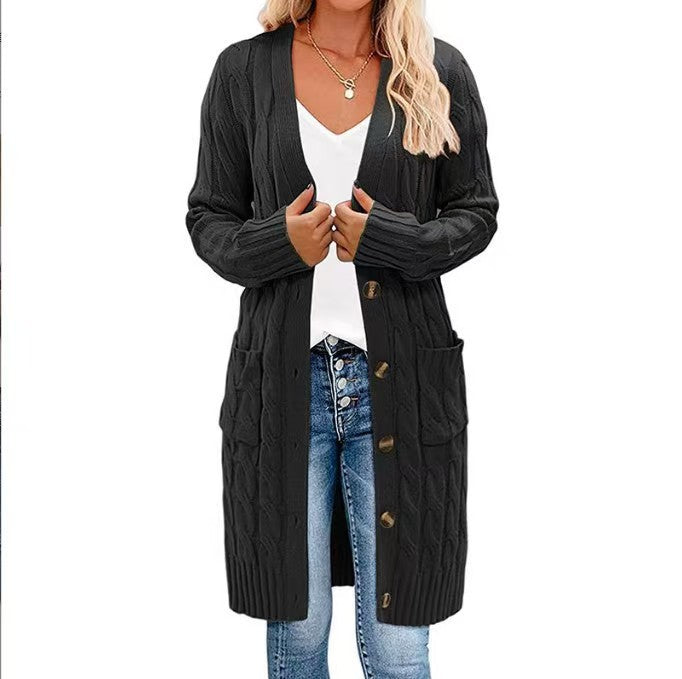 Damen Cardigan Grobstrick Warm mit Taschen und Knöpfen