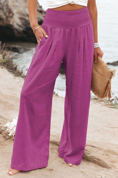 Damen Leinenhose Weit Bequem Falten Detail