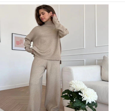 Damen Strickoutfit Hochkragen Weite Bein