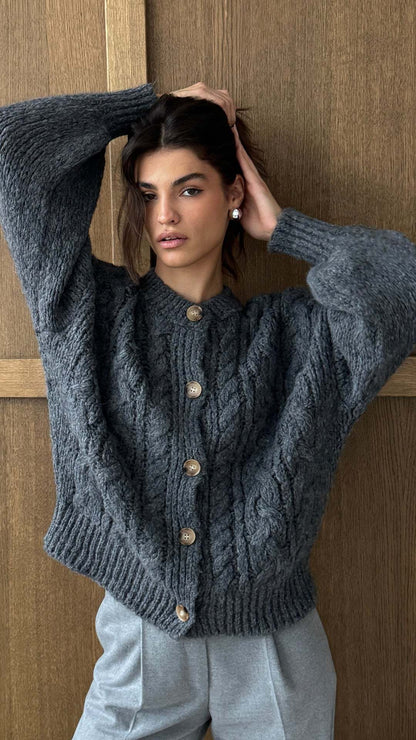 Damen Strickjacke Grobstrick Elegante Knöpfe