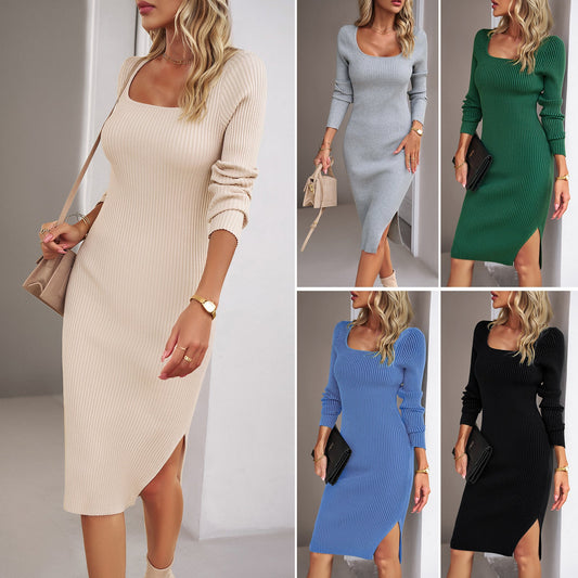Damenkleid Figurumdrehendes Rippdesign Mit Schmalen Ärmeln - IdealeKleiden