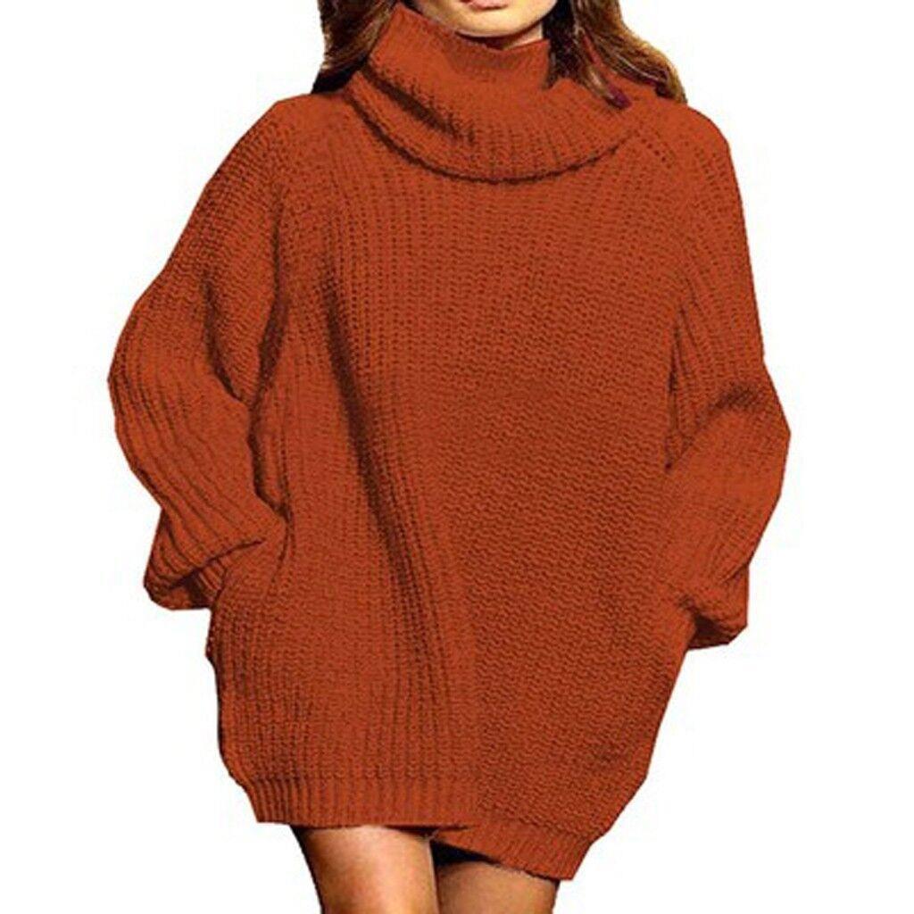 Damen Grobstrick Pulloverkleid Hochkragen Lässig Chic