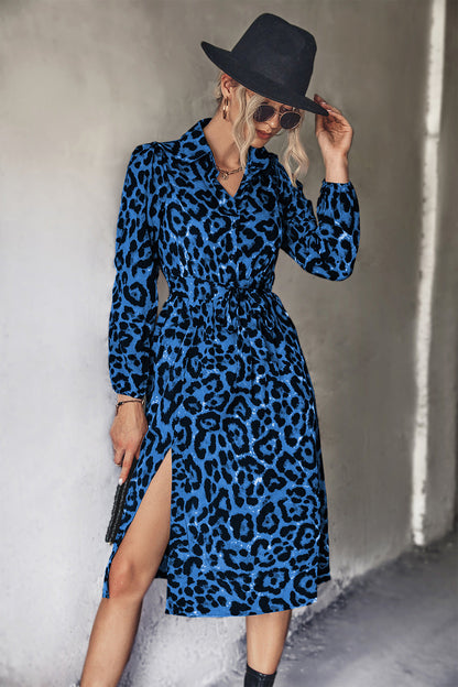 Damen Leopardenkleid Midi Elegant Schlitz Design