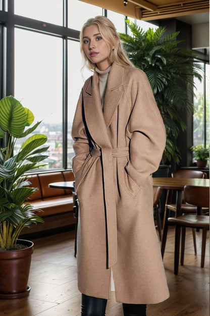 Damen Wollmantel Elegant Weit Ärmel Gürtel