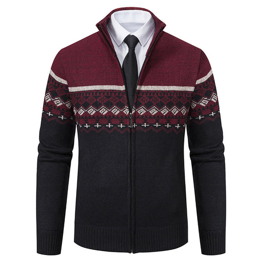 Herren Pullover Stehkragen Norweger Muster Winterjacke - IdealeKleiden