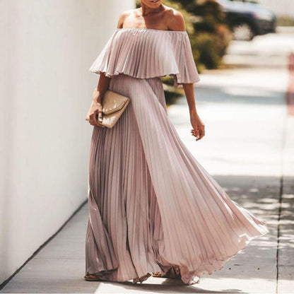 Damen Maxikleid Schulterfrei Plissiert Elegant
